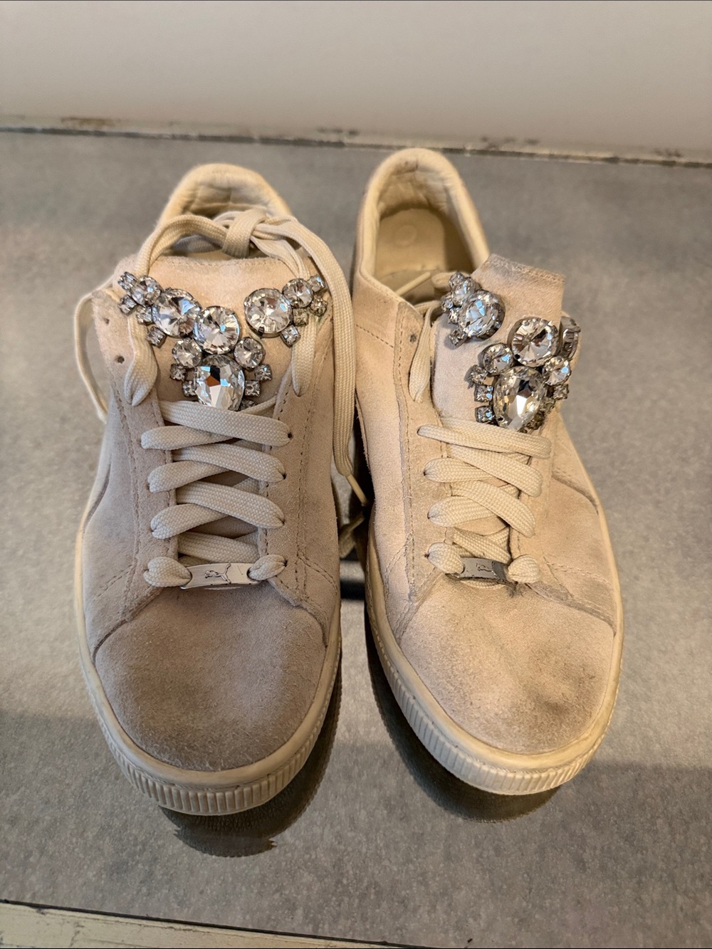Puma Beige Suede Sneakers with Crystal Embellishments